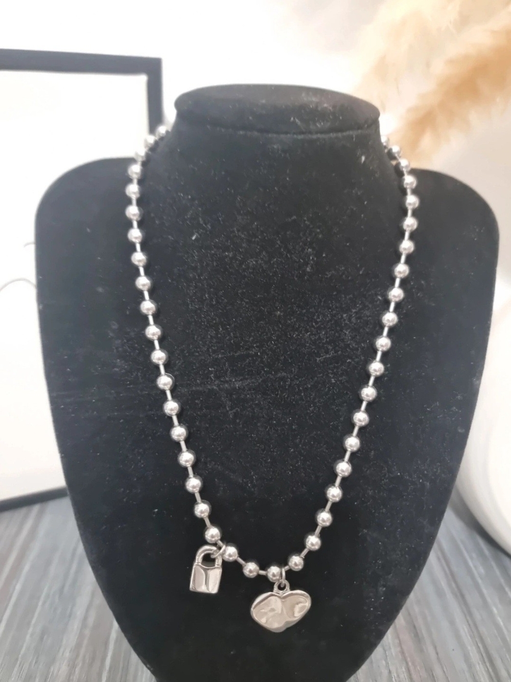 Sterling Silver Ball Chain Necklace with Heart and Lock Charms - Silver